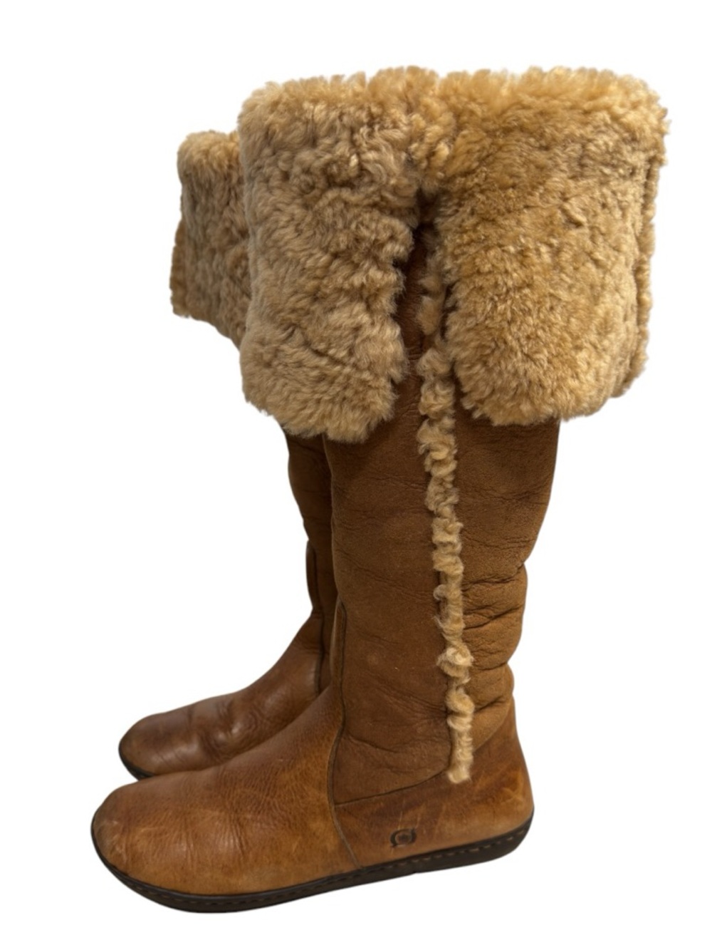 Born Shearling Leather Tall Boots Brown Winter Cozy Fold Over Size US 6